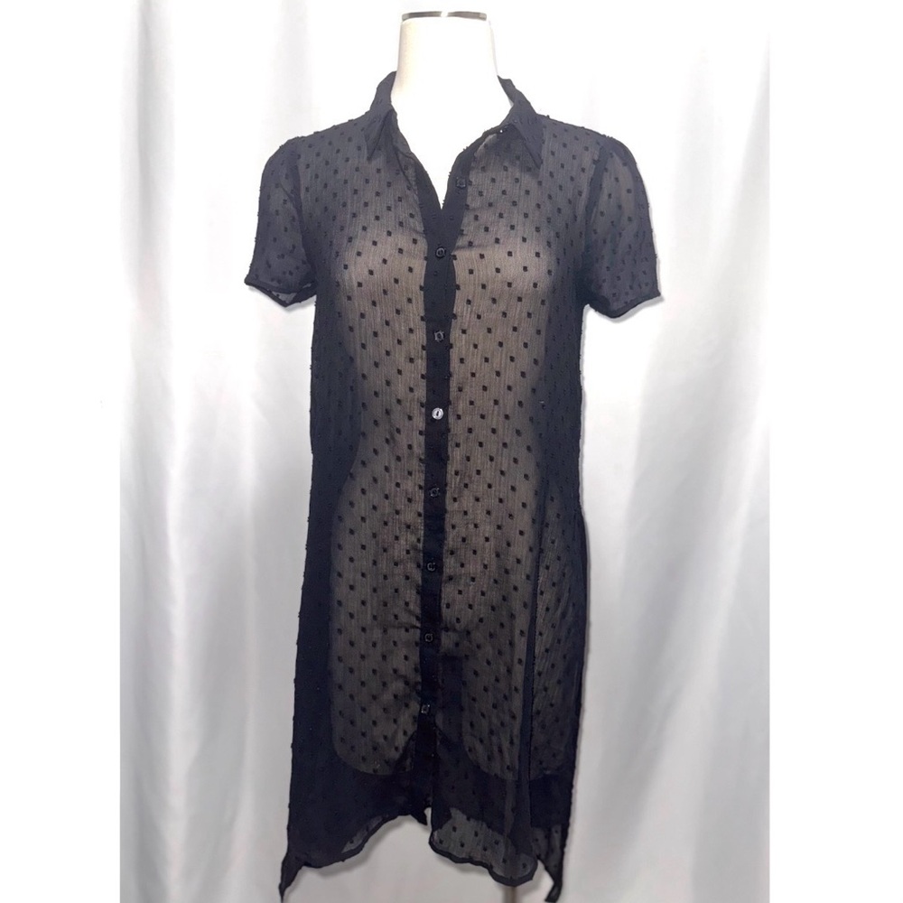 ELLE Sheer Black Button Down Shirt Gothic Preppy Soft Layering Blouse Y2K Size S